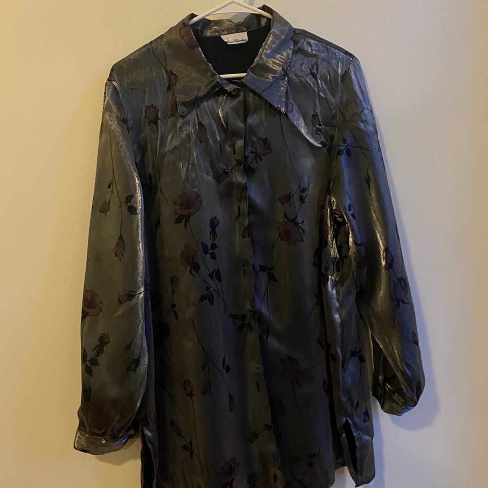 Floral Satin Silver Button Down